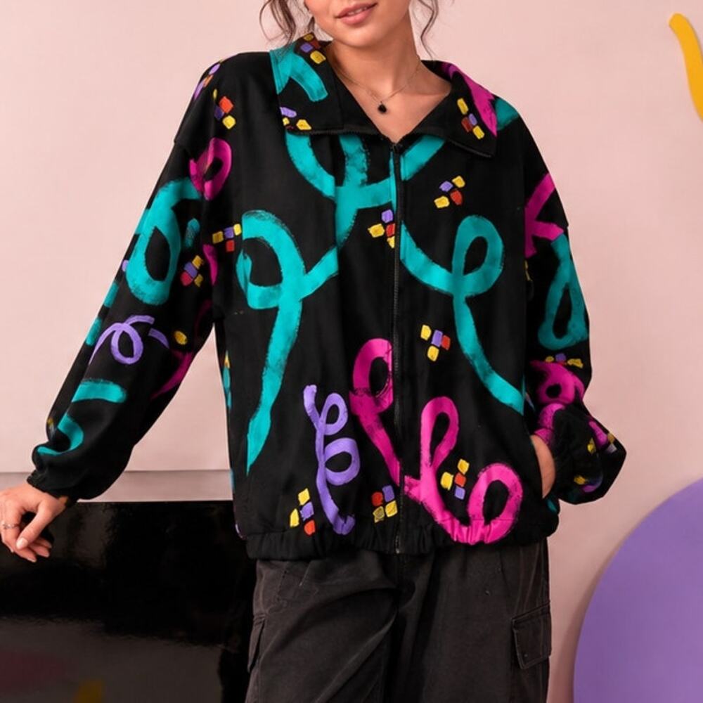 Hand Painted Neon Abstract Zip Jacket S 80s Memphis New Wave Artwear Maximalist